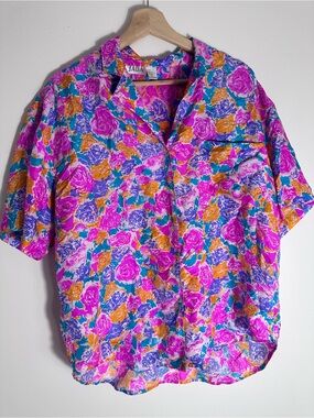 Vintage Jada Silk Pink Floral Short-Sleeve Collared Blouse